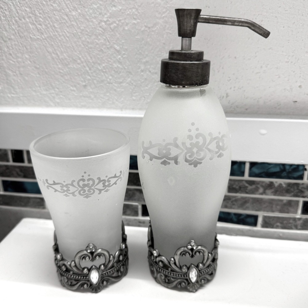 Vintage Style Frosted Glass Soap Dispenser and Tumbler Set with Filigree Base